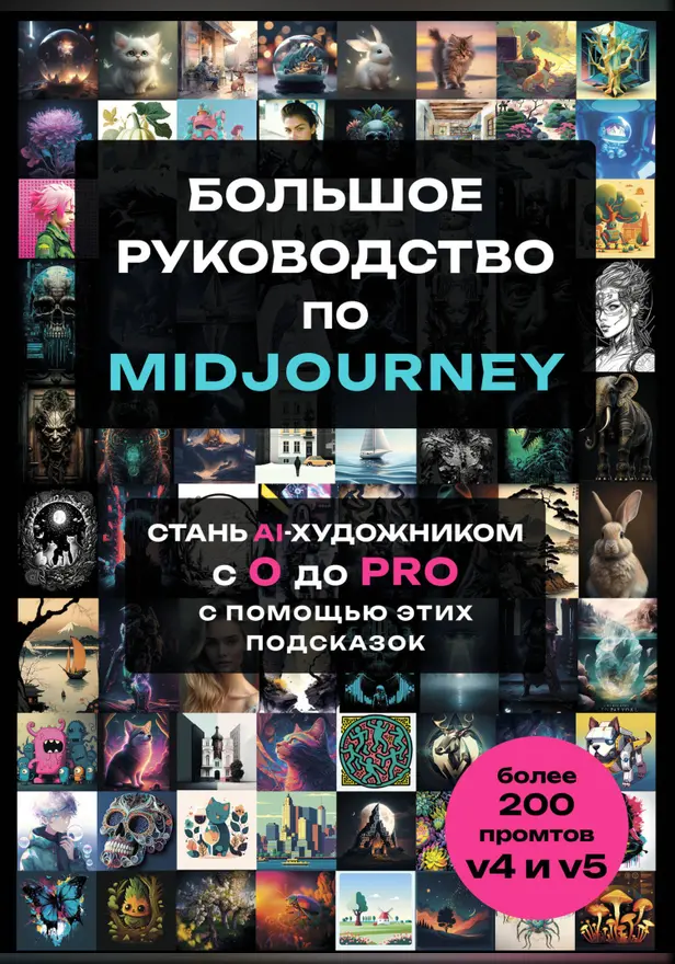 Большое практическое руководство по Midjourney. Стань AI-художником с 0 до PRO с помощью этих подсказок. Обложка